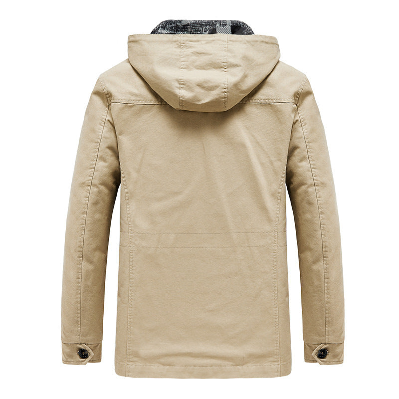Herren Kapuzen-Canvas-Fieldjacke mit Camouflage-Innenfutter, Multifunktions‑Taschen und Reißverschluss‑Knopfleiste Drune