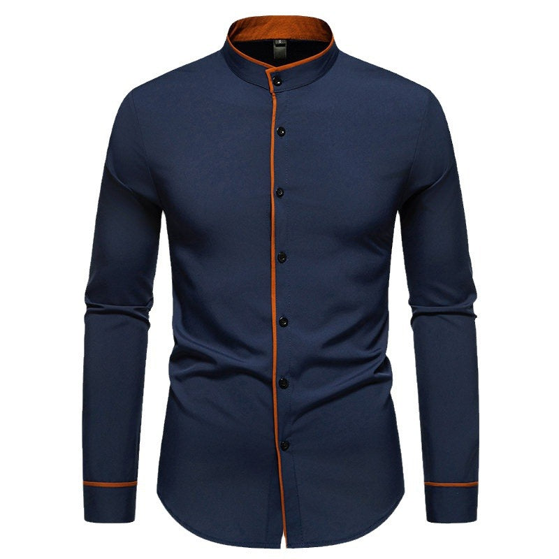 Herren Langarmhemd mit modernem Stehkragen und gesticktem Detail Drune