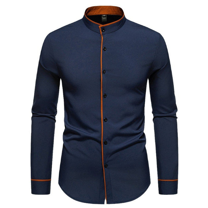 Herren Langarmhemd mit modernem Stehkragen und gesticktem Detail Drune