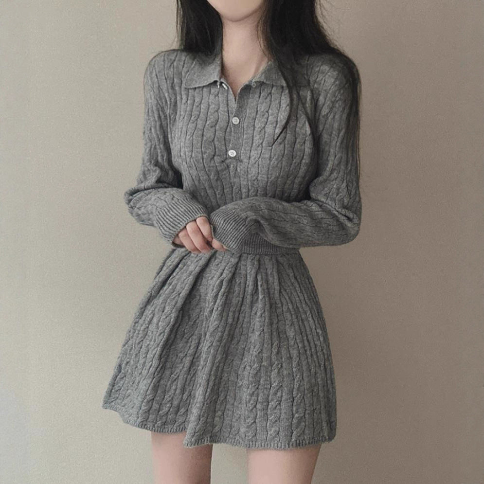 Damen komfortables Strickkleid mit elegantem Kragen und Wickeloptik Drune