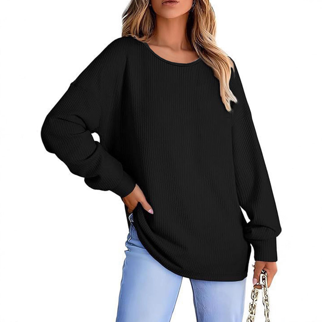 Damen Oversize Waffelstrickpullover mit Rundhals, Ballonärmeln und verlängertem Saum Drune