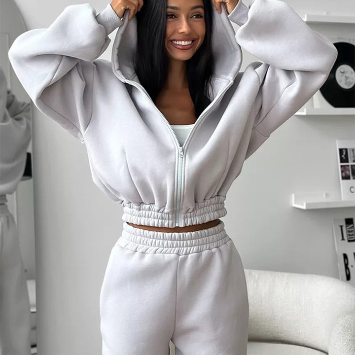 Damen Cropped‑Zip‑Hoodie mit Ballonärmeln und hochgeschnittener Jogginghose mit gerafftem Taillenbund Drune