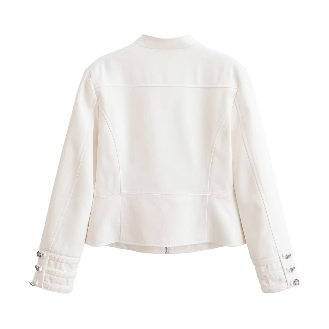 Damen Kurze Uniformjacke mit Stehkragen, Zierriegeln und Metallknopf‑Detail Drune