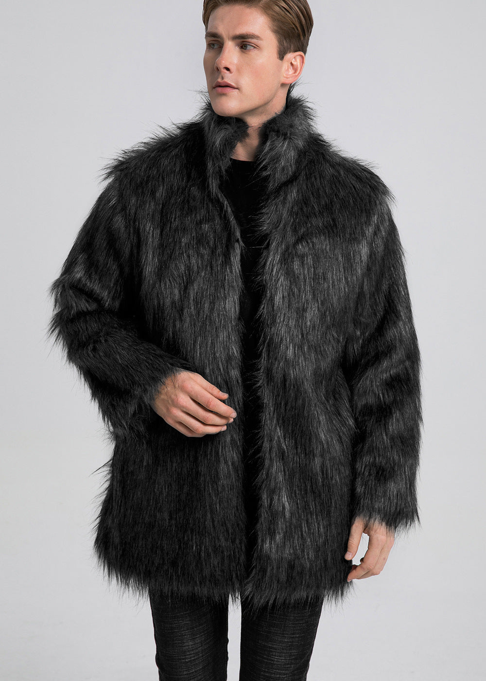 Herren Eleganter Kunstfell-Mantel mit weitem Kragen Drune