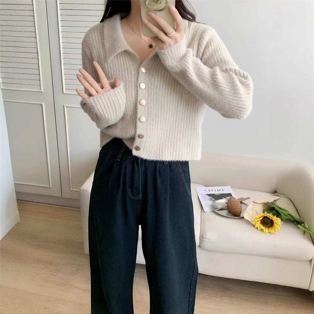Damen Modische Kurzstrickjacke mit Knopfdetails und V-Ausschnitt Drune