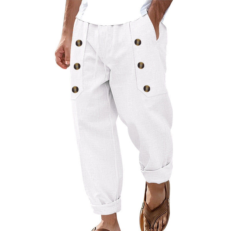 Herren Bequeme Leinenhose mit seitlichen Knöpfen und elastischem Bund Drune