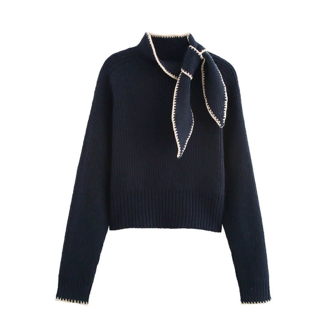 Damen Kurzgeschnittener Rippstrick-Pullover mit Hochkragen und integrierter Knoten-Schal Drune