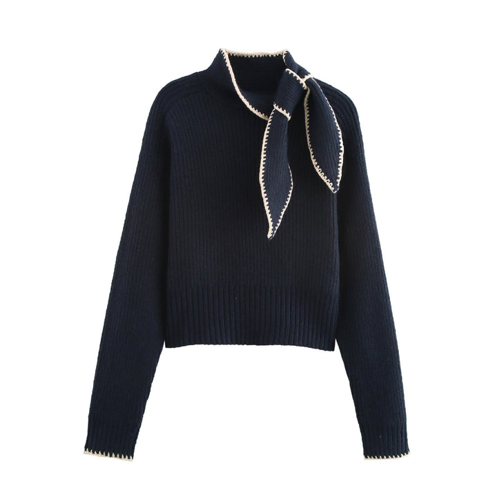 Damen Kurzgeschnittener Rippstrick-Pullover mit Hochkragen und integrierter Knoten-Schal Drune