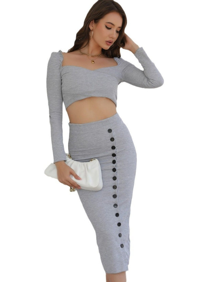 Damen Zweiteiliges Strickset mit Cropped-Top und tailliertem Midirock mit Zierknopfleiste Drune