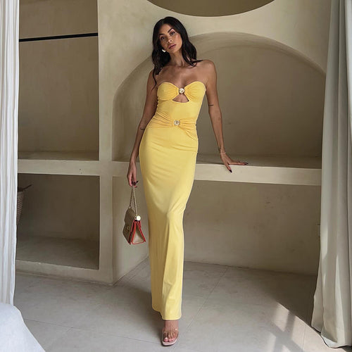 Damen Maxikleid mit verführerischem Cut-Out und dekorativem Schmuckdetail Drune