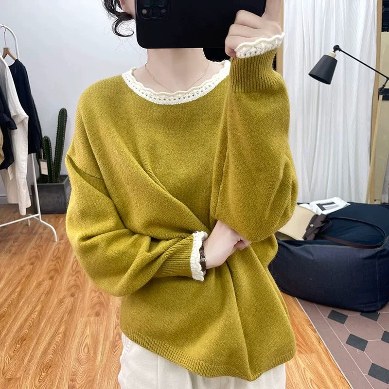 Damen Pullover im lässigen Oversized-Stil mit romantischem Spitzenrand Drune