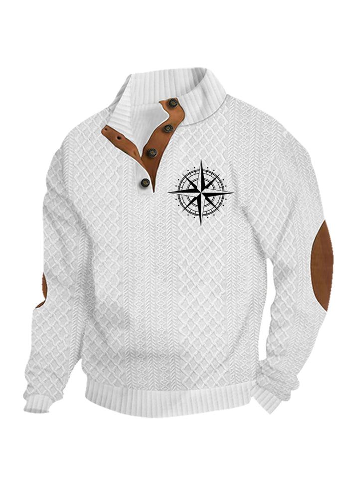 Herren nan Heritage-Strukturpullover mit Stehkragen Lederimitat-Besatz Ellenbogen-Patches und Halbknopfleiste Drune