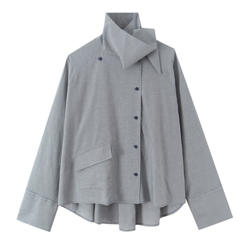 Damen Oversize-Bluse mit hohem Schalkragen und asymmetrischer Knopfleiste Drune