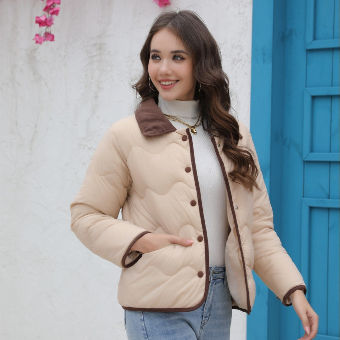 Damen Gequiltete Steppjacke mit Samtkragen und geschwungener Wellensteppung Drune