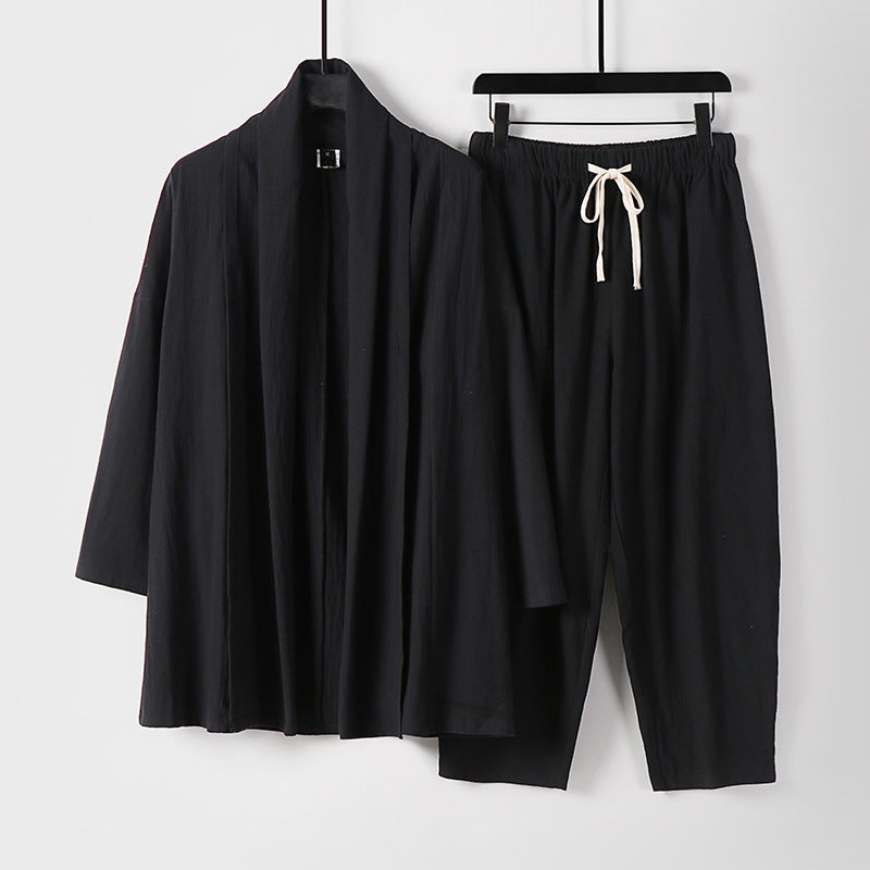 Unisex Lockeres Kimono-Lounge-Set aus leichter Baumwollmischung mit Schalkragen und Kordelbundhose Drune