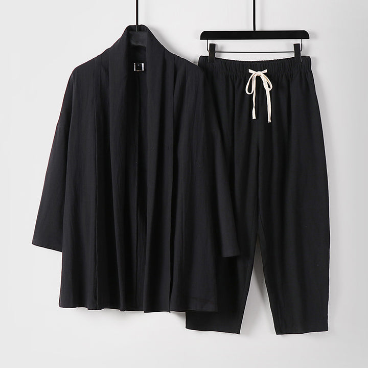 Unisex Lockeres Kimono-Lounge-Set aus leichter Baumwollmischung mit Schalkragen und Kordelbundhose Drune