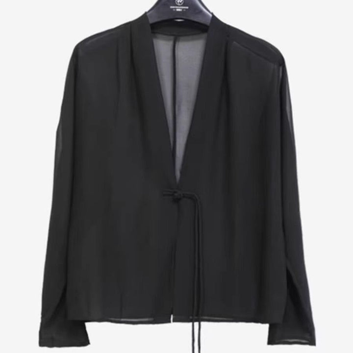 Damen transparente Bluse mit romantischem Bindegürtel Drune