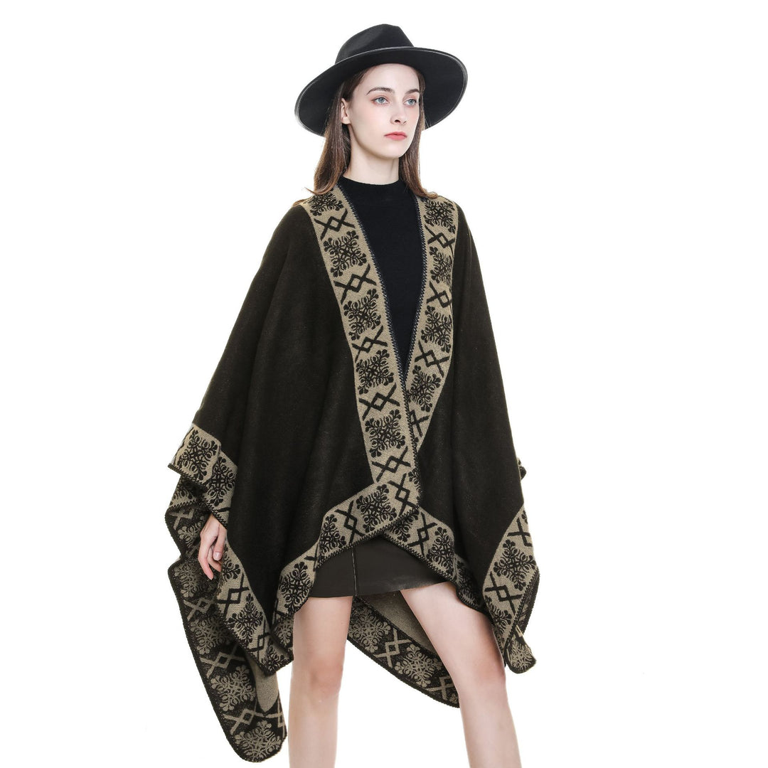 Damen Oversize-Umhangponcho aus Wollmix mit gewebter Bordüren-Jacquard und Zierkettelnaht Drune