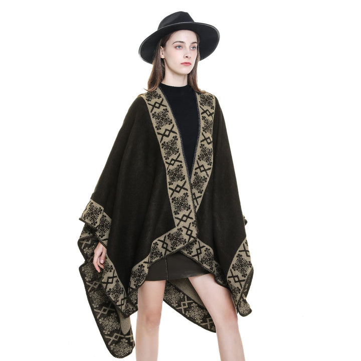 Damen Oversize-Umhangponcho aus Wollmix mit gewebter Bordüren-Jacquard und Zierkettelnaht Drune