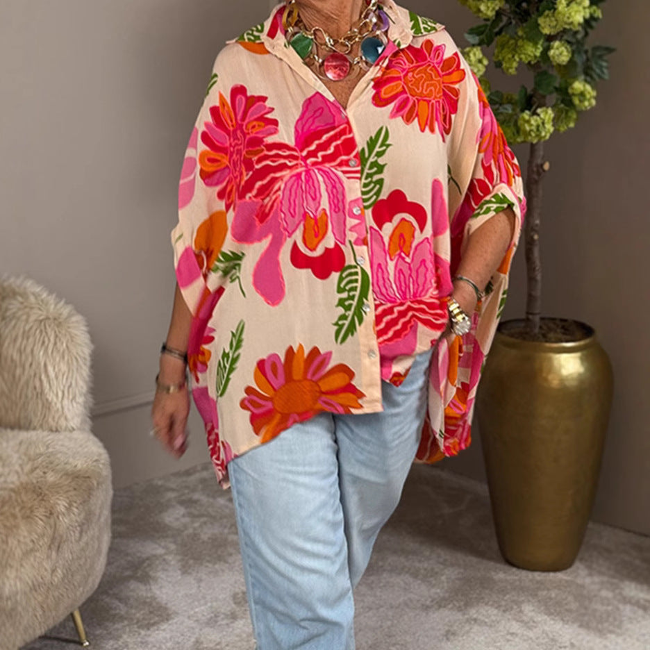 Damen Fließende Kimono-Bluse mit buntem Blumendesign Drune