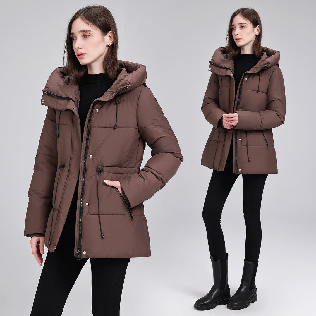Damen Wattierter Mid‑Length Parka mit Kapuze, Taillenzug und Reißverschlusstaschen Drune