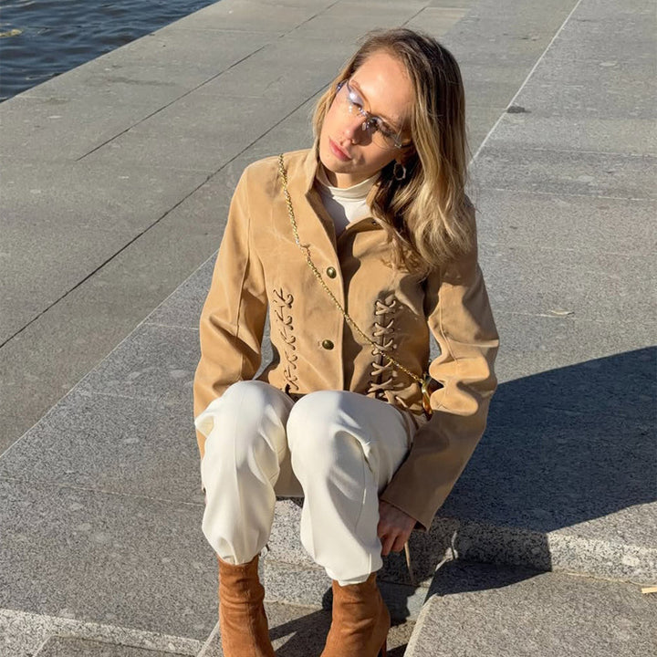 Damen Kurzjacke aus Veloursleder-Optik mit seitlichen Schnürungen & Stehkragen Drune