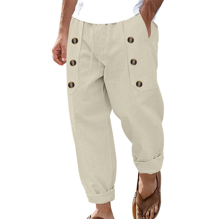 Herren Bequeme Leinenhose mit seitlichen Knöpfen und elastischem Bund Drune
