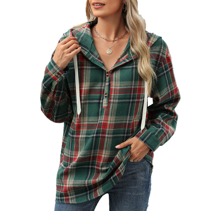 Damen Karierte Overshirtjacke mit Kapuze und Knopfdetails Drune