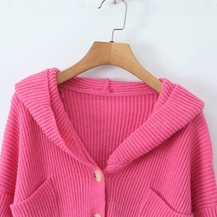 Damen Kuschelige Strickjacke mit Kapuze und Knopfverschluss Drune