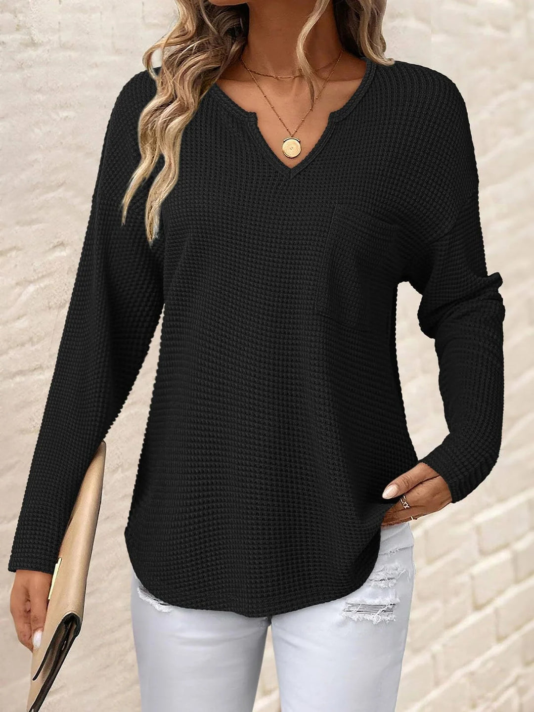 Damen Waffelstrick-Longsleeve mit V-Notch, Brusttasche und legerer Oversize-Passform Drune