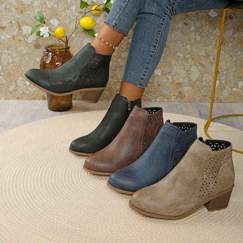 Damen nan knöchelhohe Stiefelette mit Laser-Cut-Perforation, seitlichem Reißverschluss und mittelhohem Blockabsatz Drune