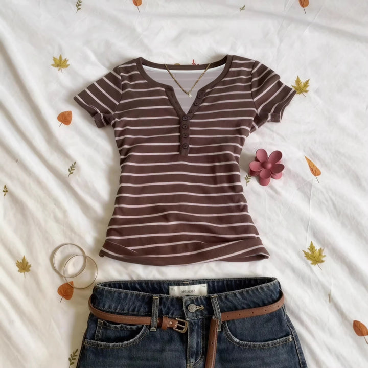 Damen Kurzarmshirt mit Knopfleiste Drune