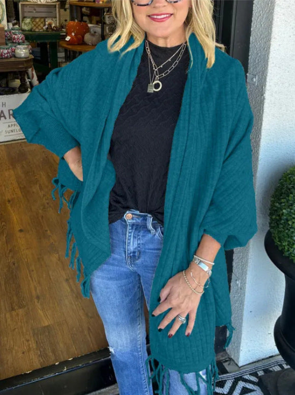 Damen vielseitiger Poncho mit Fransen Drune