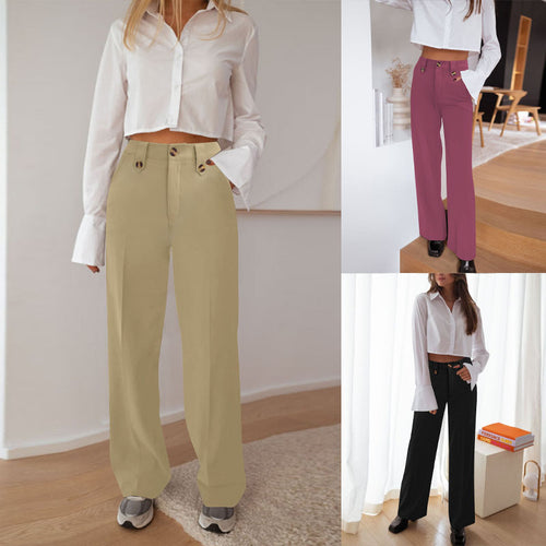 Damen Hochtaillierte Palazzohose mit Bügelfalte, Zierknopfleisten und Eingrifftaschen Drune