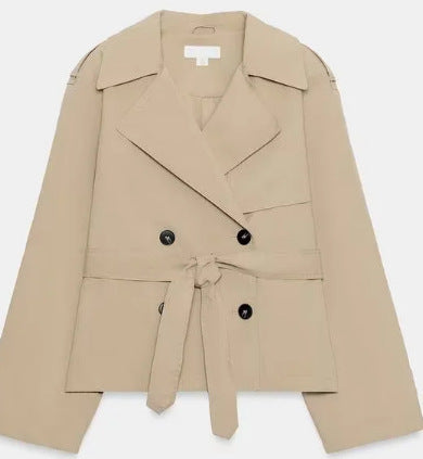 Damen Cropped doppelreihiger Trenchblouson mit Bindegürtel und kastiger Silhouette Drune
