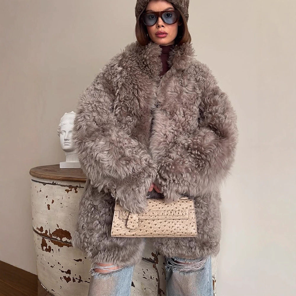 Damen Oversize Kunstfell‑Mantel mit lockiger Teddy‑Optik und weiter Boxy‑Silhouette Drune