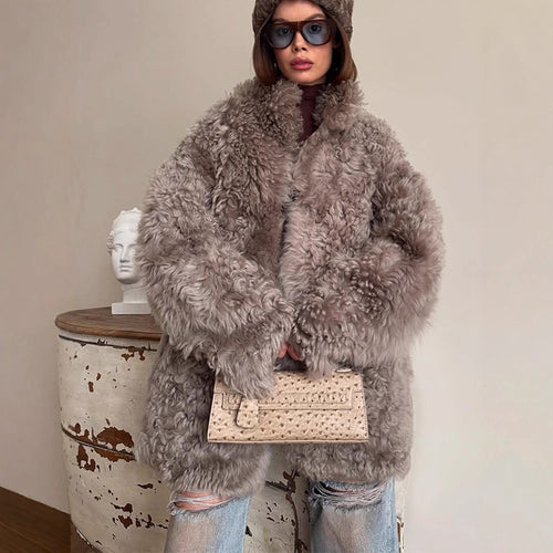 Damen Oversize Kunstfell‑Mantel mit lockiger Teddy‑Optik und weiter Boxy‑Silhouette Drune