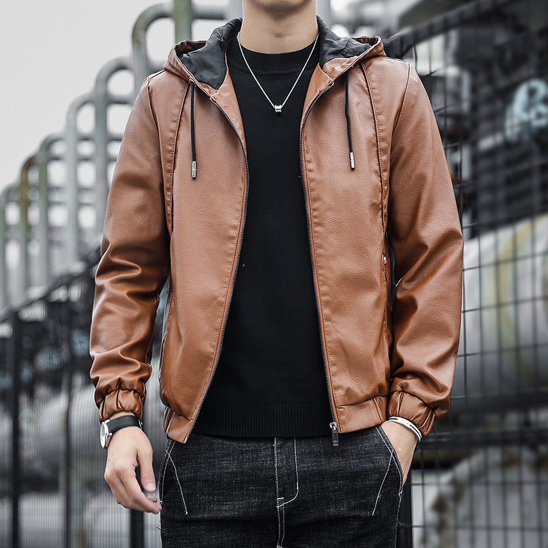 Herren Modische Kunstlederjacke mit verstellbarer Kapuze Drune
