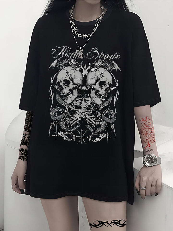 Damen T-Shirt mit künstlerischem Skelettmotiv und einzigartigem Druck Drune