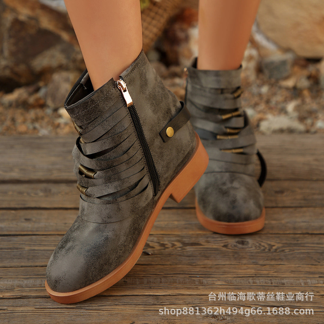 Damen Fransen-Ankle-Boots mit geschichteten Riemen und seitlichem Reißverschluss Drune