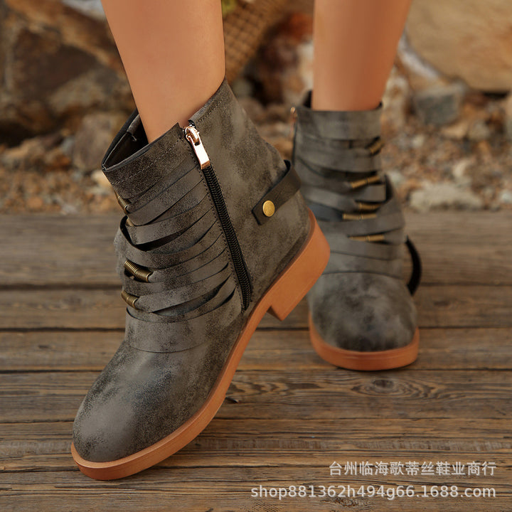 Damen Fransen-Ankle-Boots mit geschichteten Riemen und seitlichem Reißverschluss Drune