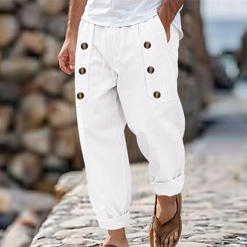 Herren Bequeme Leinenhose mit seitlichen Knöpfen und elastischem Bund Drune