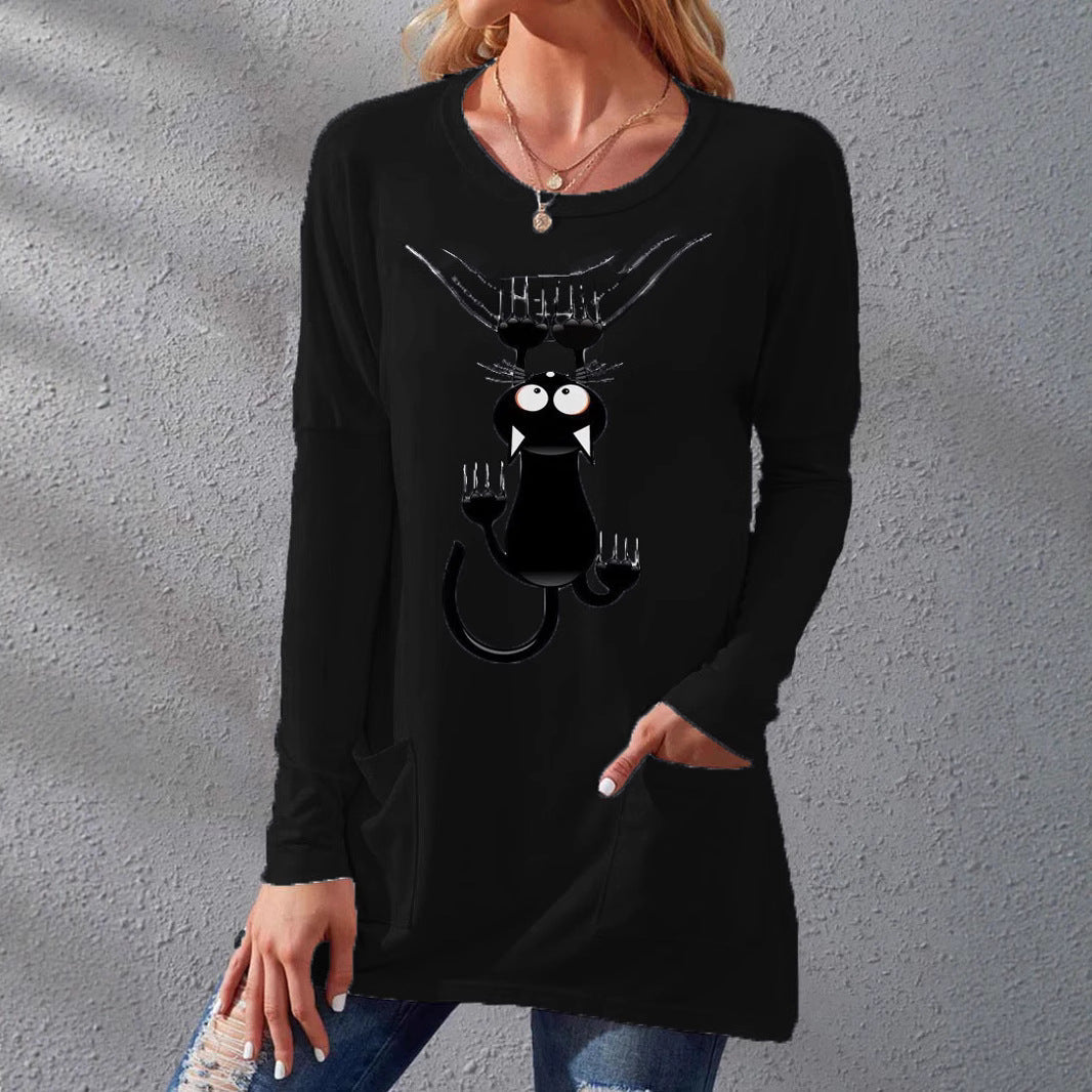 Damen Langere Baumwollmischung Tunika Shirt mit Cartoon-Katzen-Druck und Seitentaschen Drune