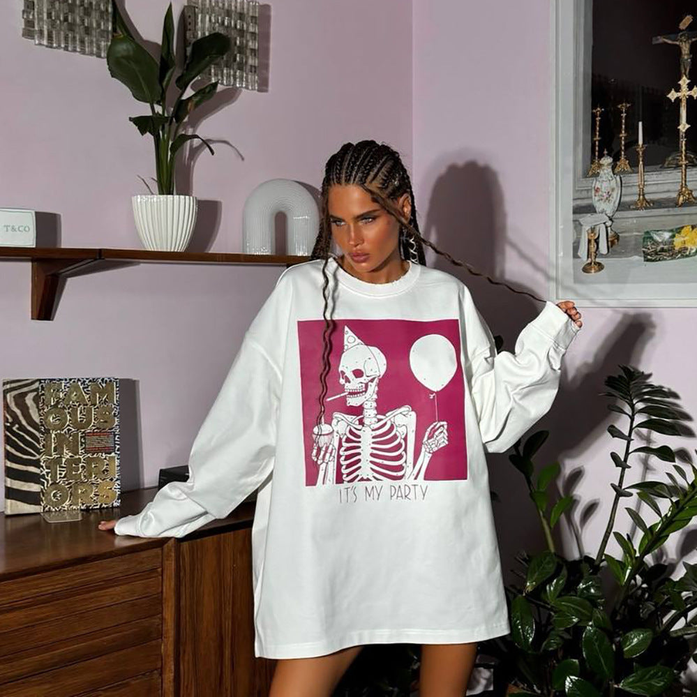 Damen Oversized Sweatshirt mit grafischem Skelettmotiv Drune
