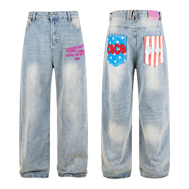 Damen Weite High‑Waist Jeans im Vintage-Look mit elastischem Saum und Statement-Stickerei Drune