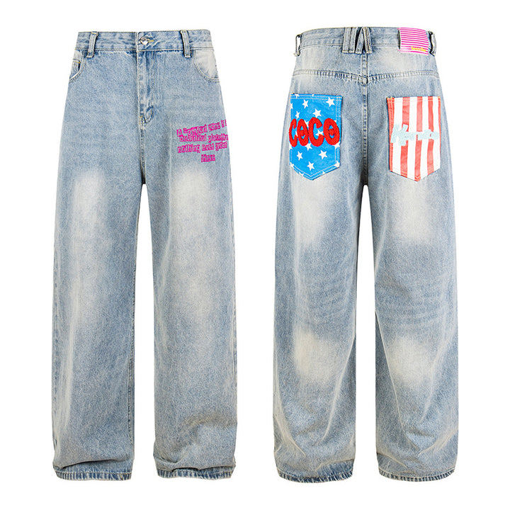 Damen Weite High‑Waist Jeans im Vintage-Look mit elastischem Saum und Statement-Stickerei Drune