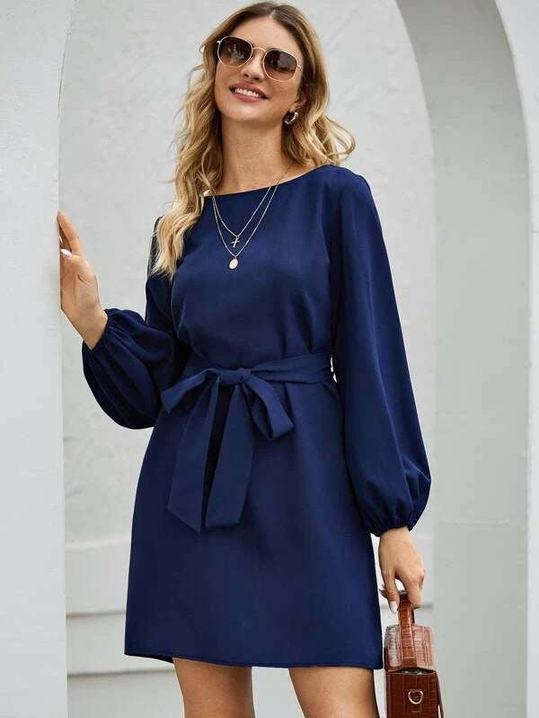 Damen nan elegantes Etuikleid mit Ballonärmeln und Taillengürtel Drune