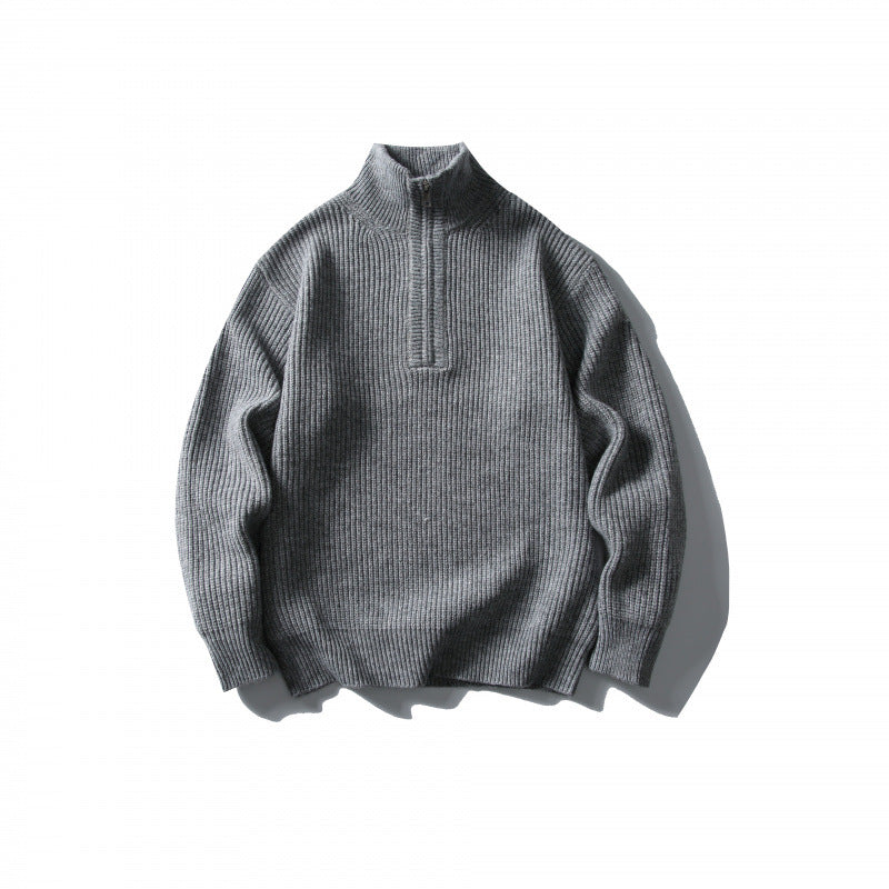 Unisex Strukturierter Halbzip-Strickpullover mit hohem Stehkragen und geripptem Rippstrick Drune