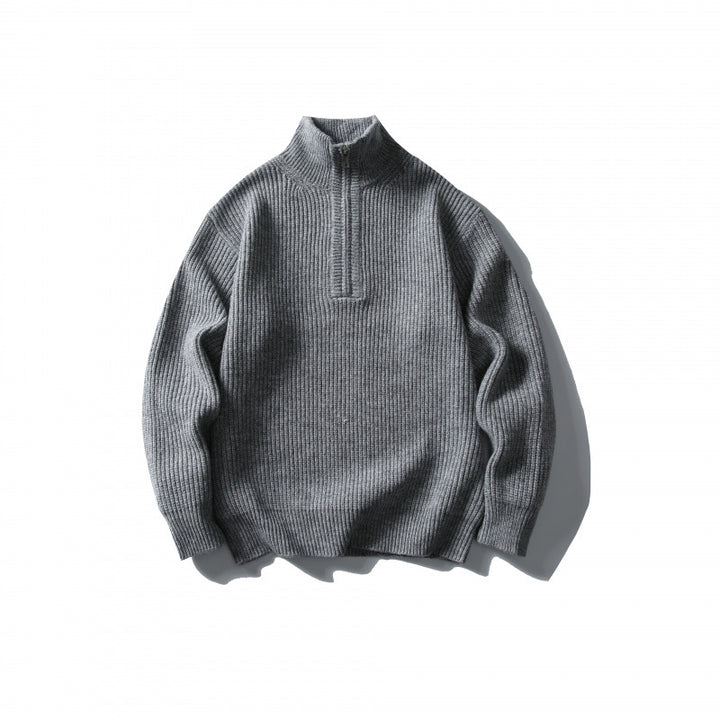 Unisex Strukturierter Halbzip-Strickpullover mit hohem Stehkragen und geripptem Rippstrick Drune