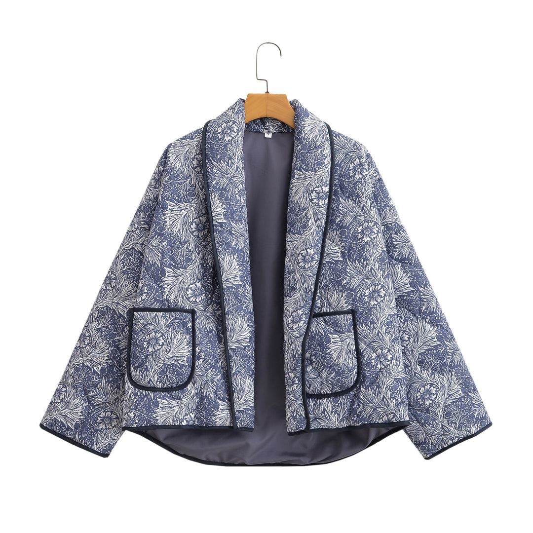 Damen Kurz geschnittene Steppjacke im Vintage-Blumenmuster mit Schalkragen und Kontrastpaspel Drune